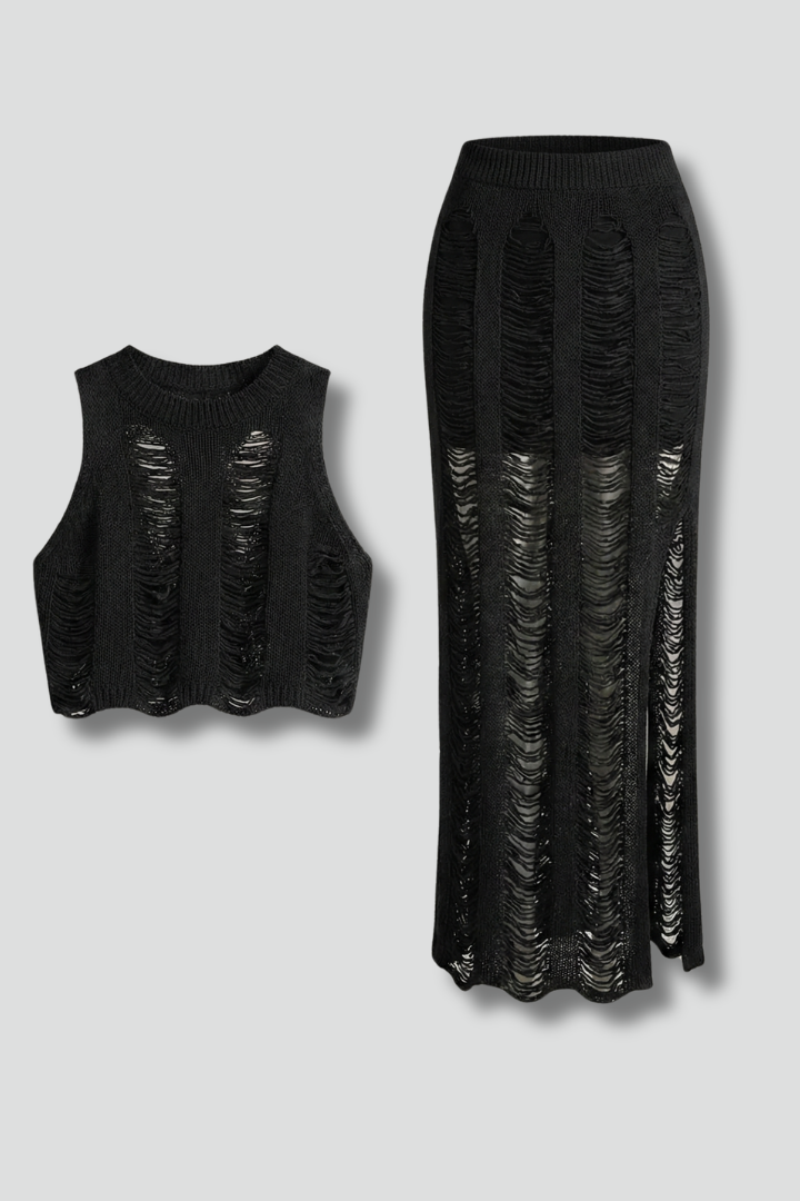 Women’s Two Piece Set with Crop Top and Side Slit Skirt