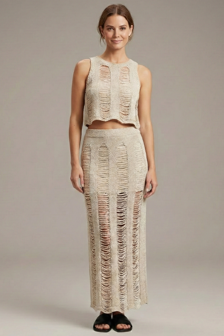 Women’s Two Piece Set with Crop Top and Side Slit Skirt