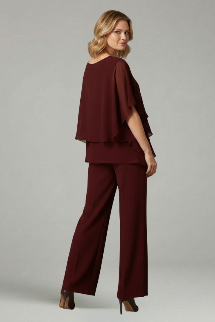 Women’s Two Piece Set with Layered Top and Wide Leg Trousers