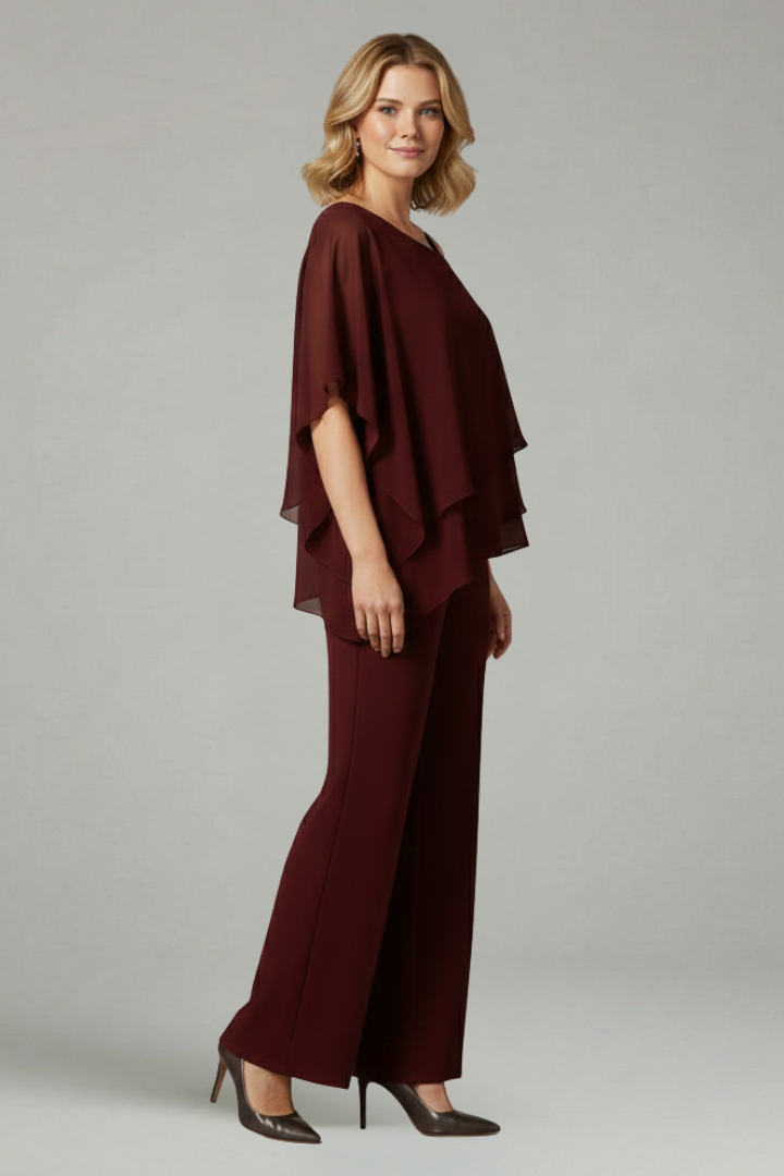 Women’s Two Piece Set with Layered Top and Wide Leg Trousers