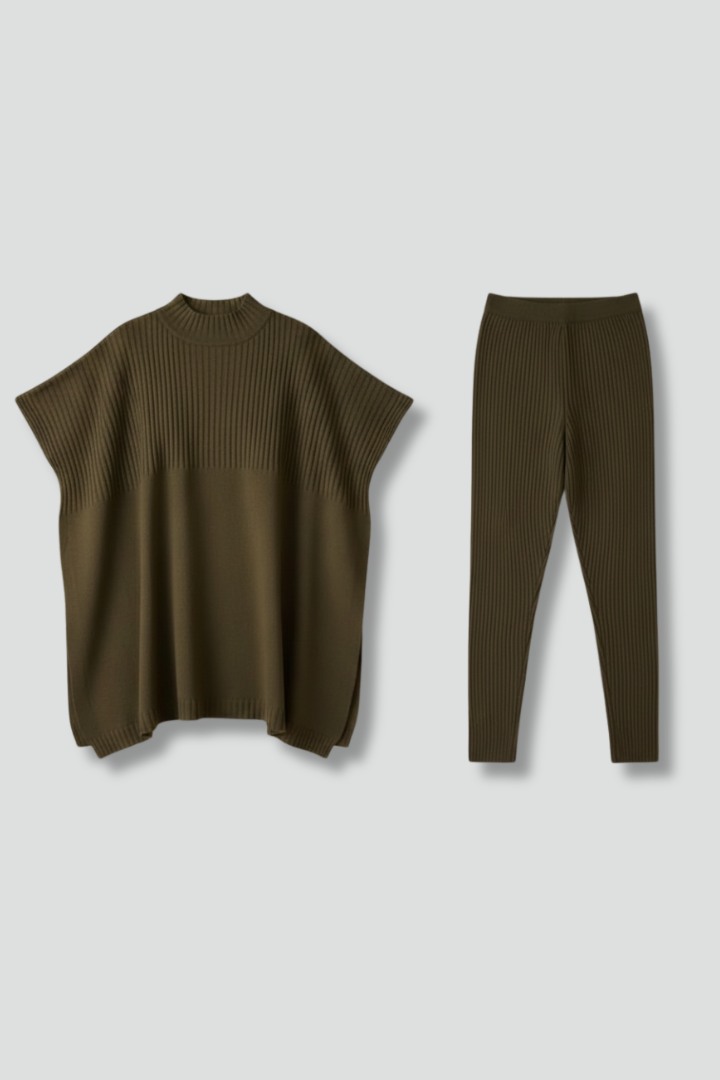 Women’s Two Piece Set with Ribbed Top and Slim Leg Trousers