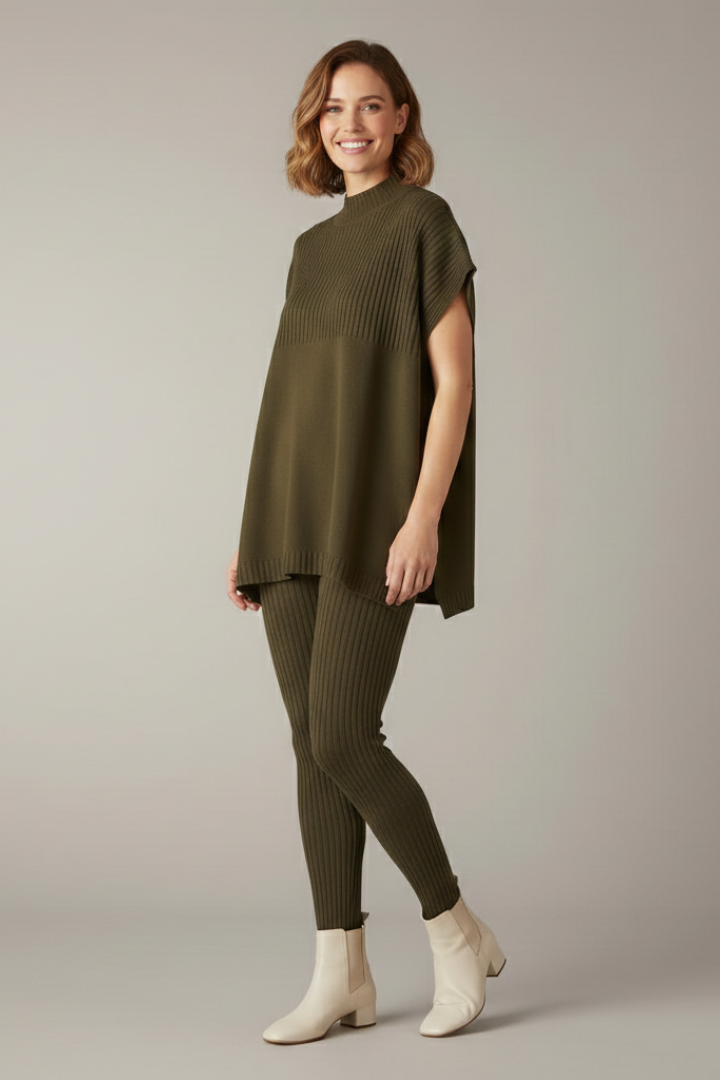 Women’s Two Piece Set with Ribbed Top and Slim Leg Trousers