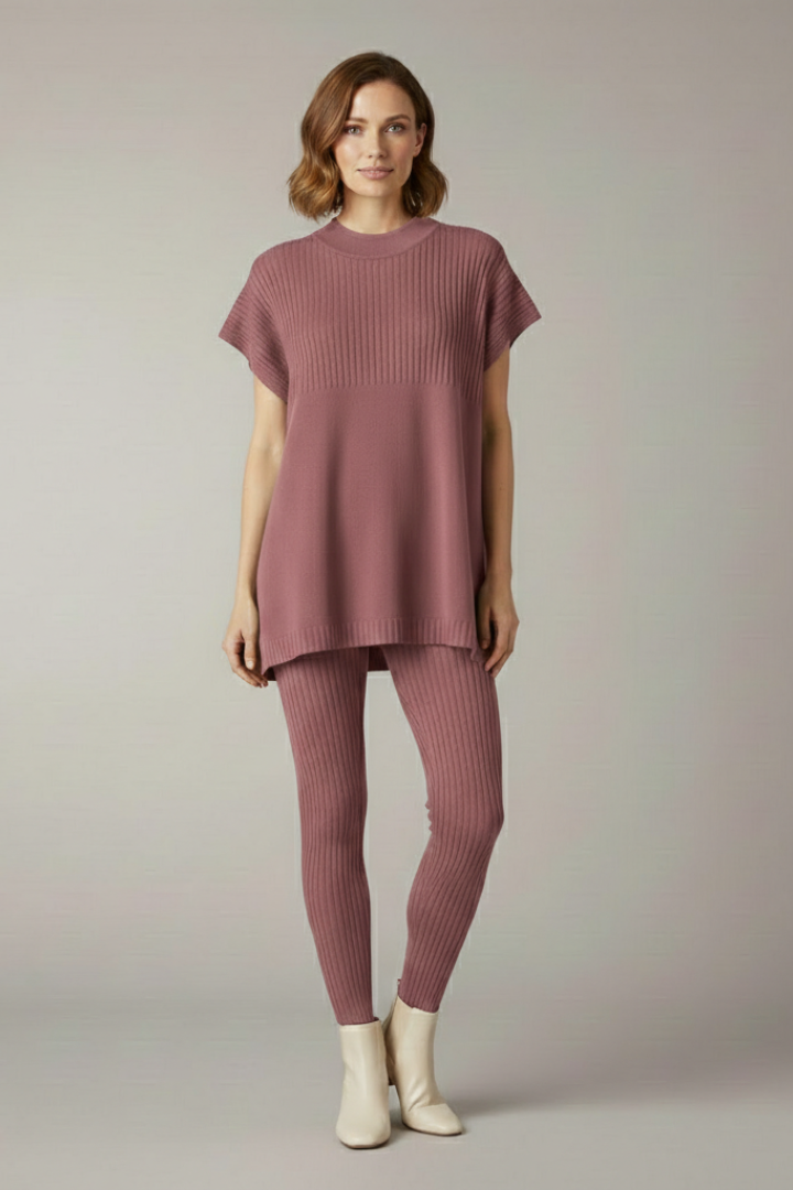 Women’s Two Piece Set with Ribbed Top and Slim Leg Trousers