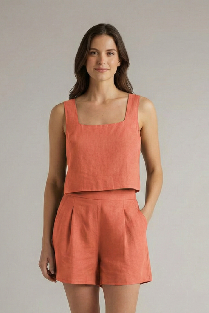 Women’s Two Piece Set with Square Neckline and Pleated Shorts