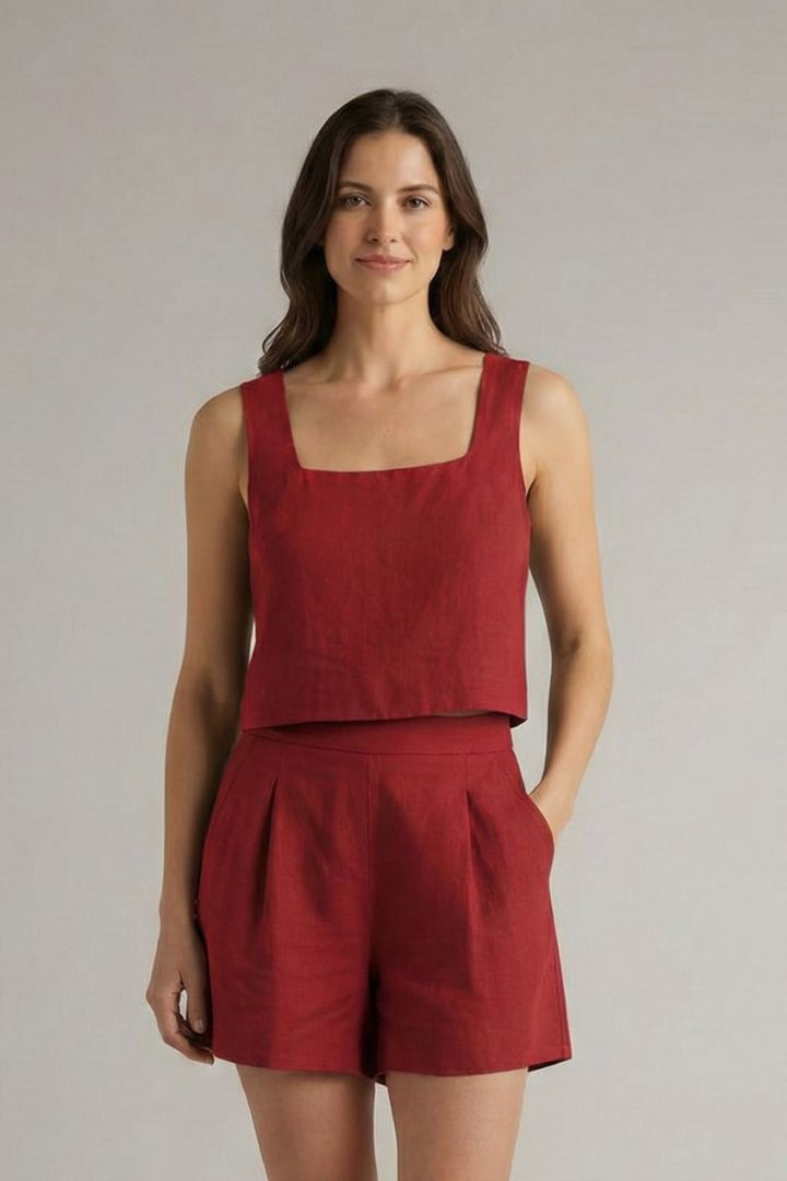 Women’s Two Piece Set with Square Neckline and Pleated Shorts