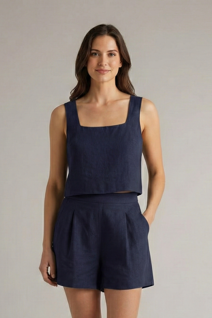 Women’s Two Piece Set with Square Neckline and Pleated Shorts