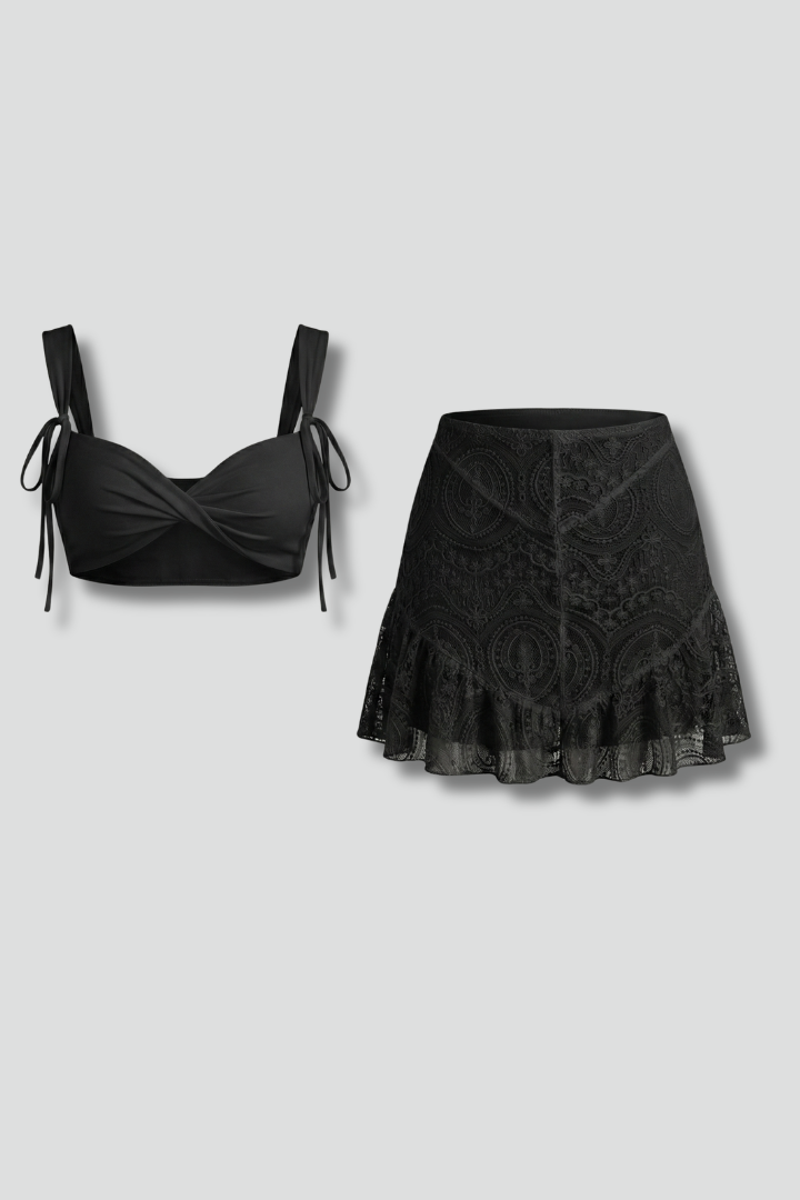 Women’s Two Piece Set with Strap Top and Lace Skirt