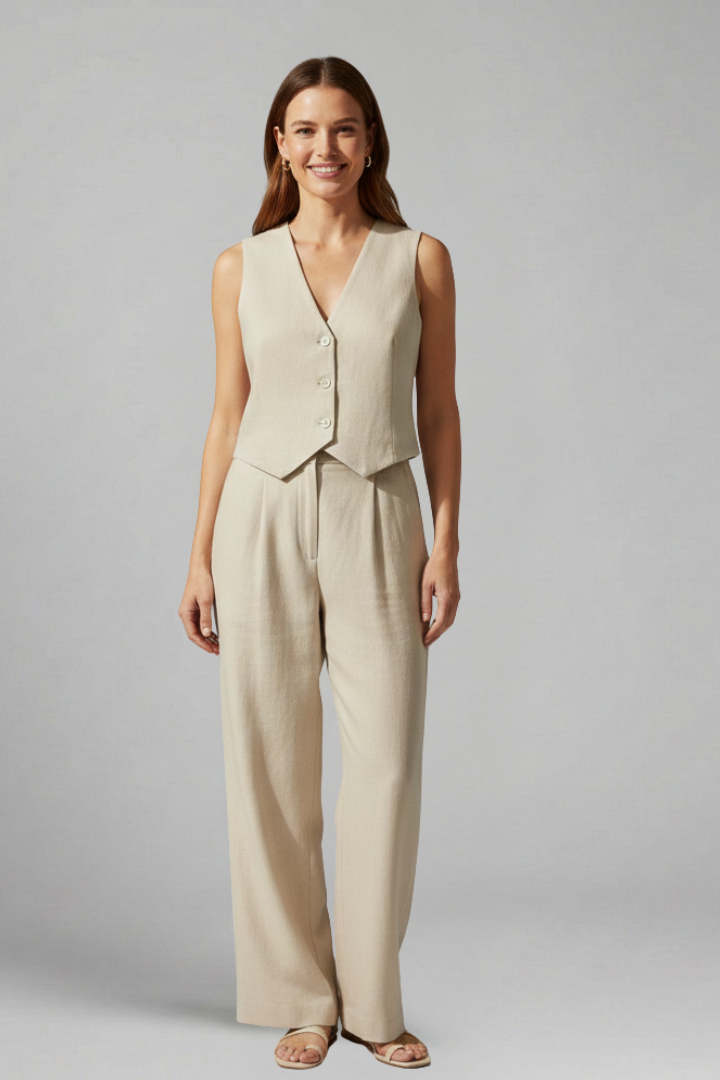 Women’s Two Piece Set with V-Neck and Wide Leg Trousers