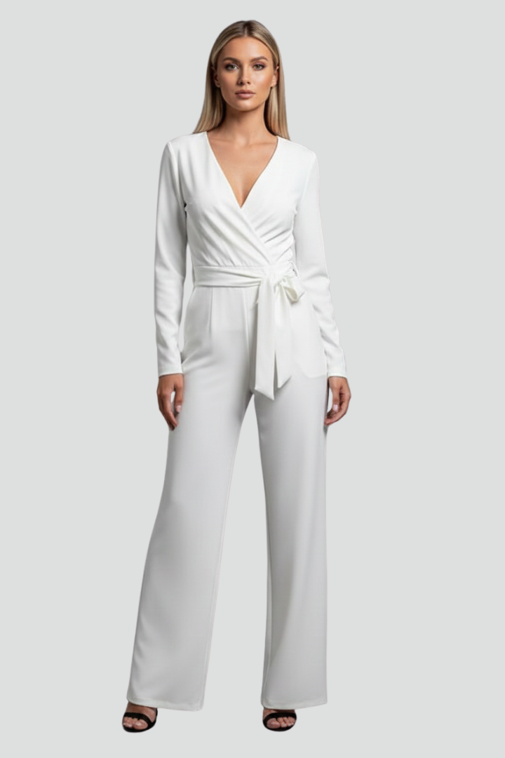 Women’s V-Neck Jumpsuit with Long Sleeves and Tie Waist