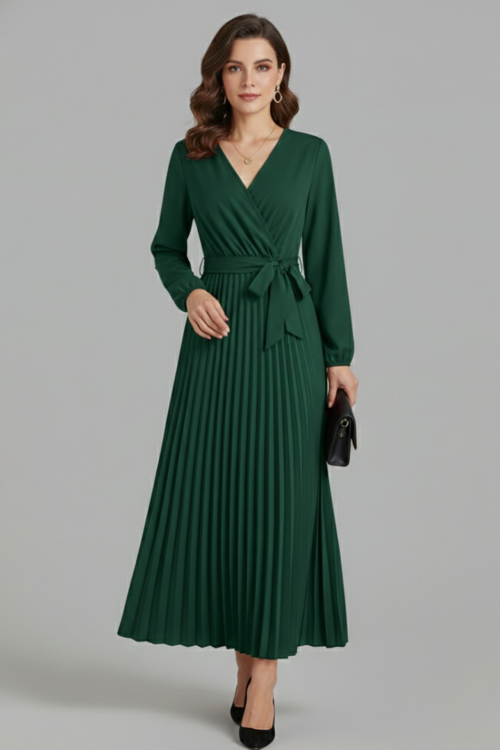 Women’s V-neck Maxi Dress with Pleated Skirt and Tie Waist