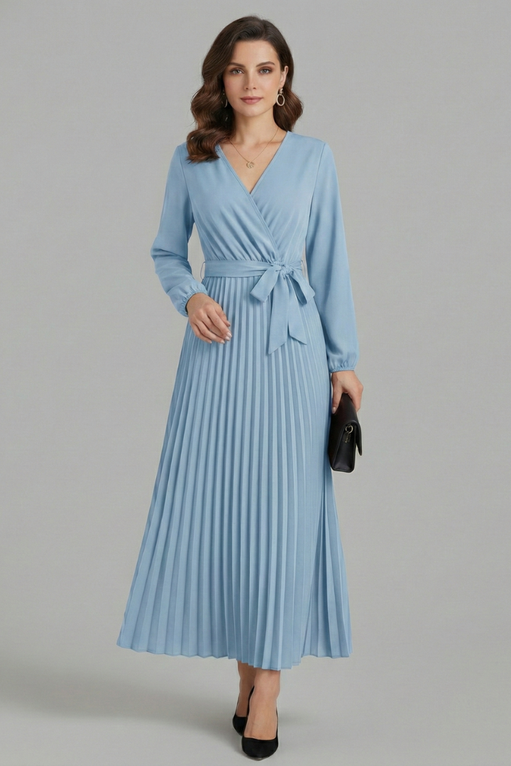 Women’s V-neck Maxi Dress with Pleated Skirt and Tie Waist