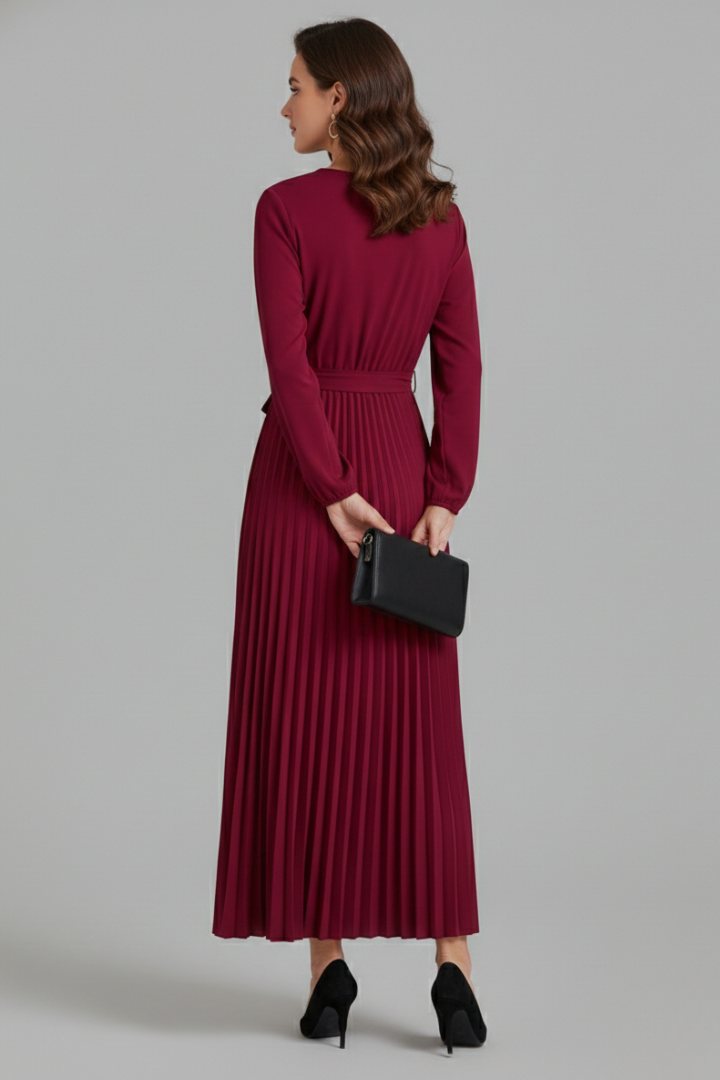 Women’s V-neck Maxi Dress with Pleated Skirt and Tie Waist