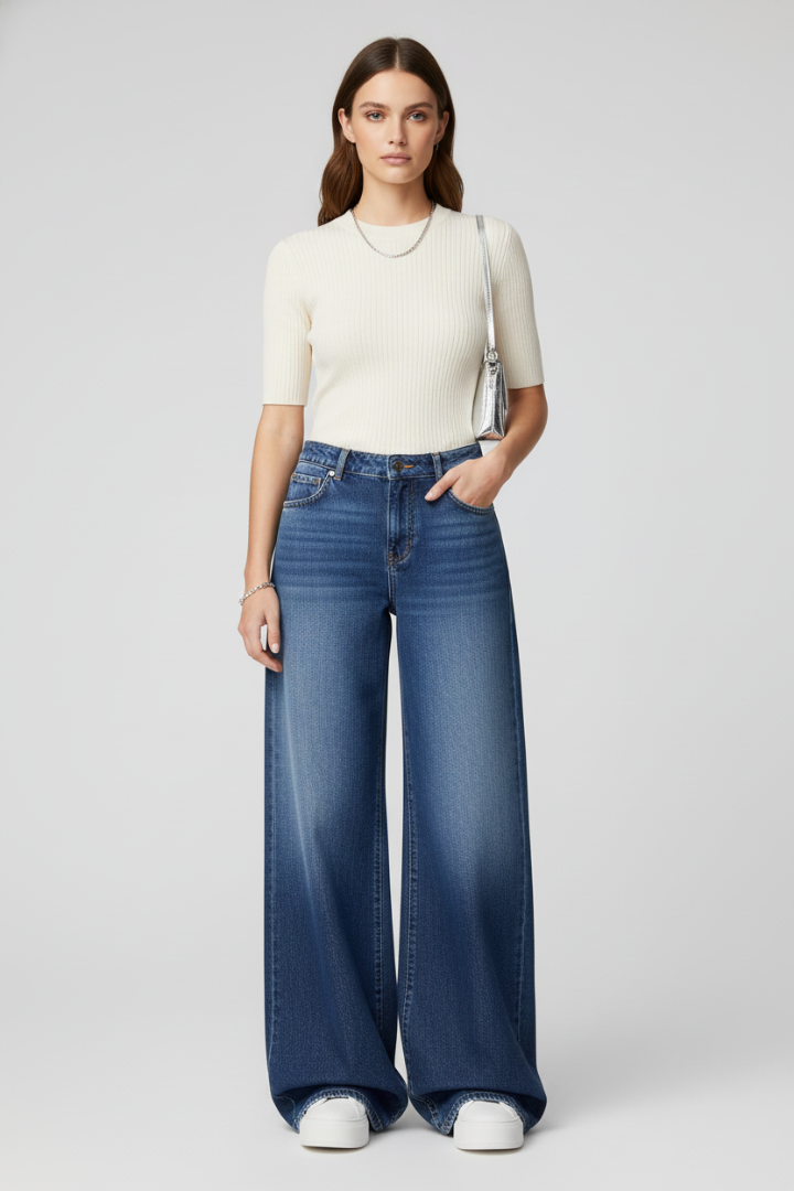 Women’s Wide-Leg Jeans with Button Fastening and Front Pockets