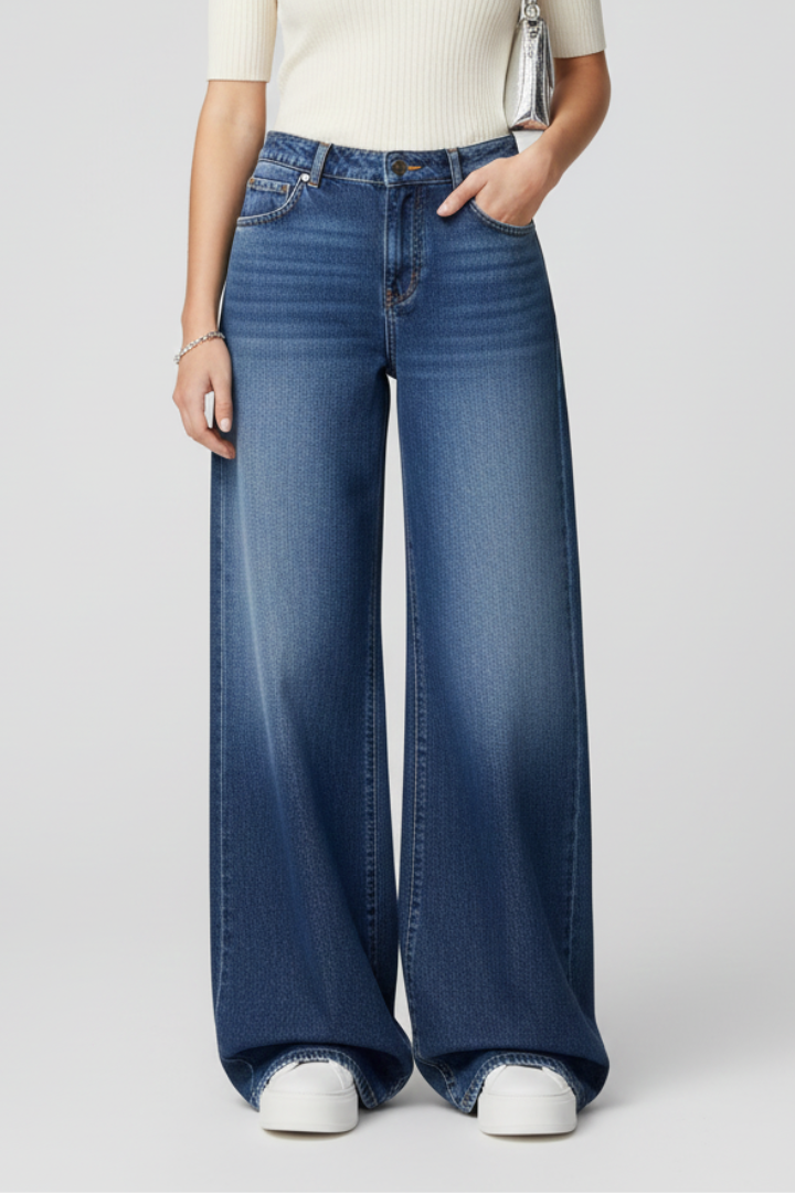 Women’s Wide-Leg Jeans with Button Fastening and Front Pockets