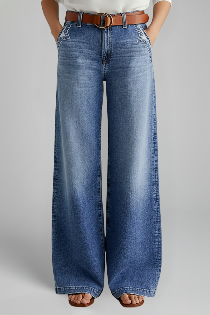 Women’s Wide-Leg Jeans with Button Fastening and Long Hem