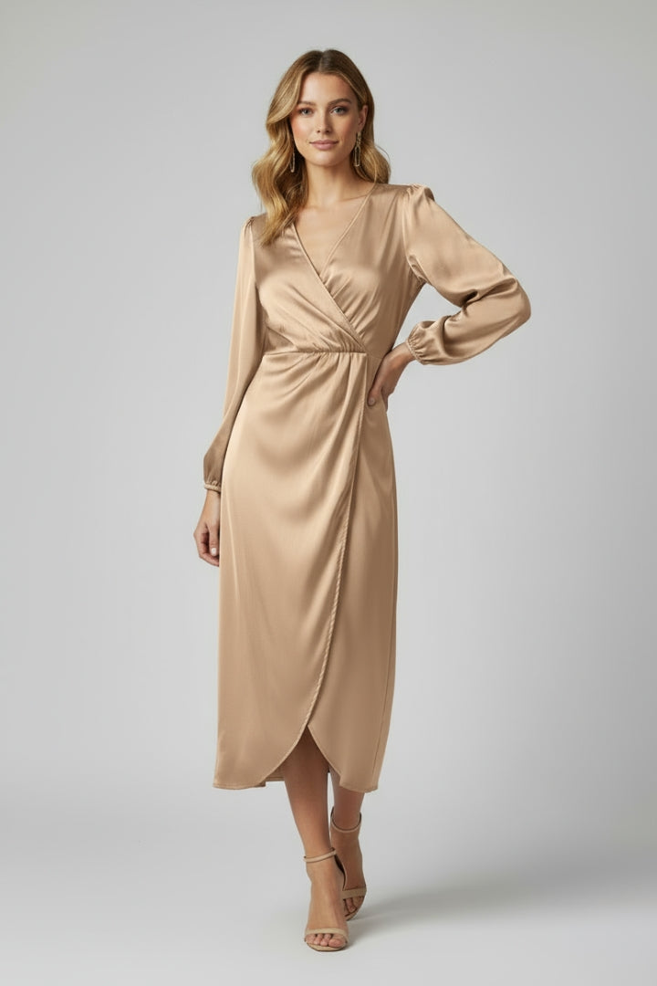 Women’s Wrap Dress with Deep V Neckline and Long Sleeves