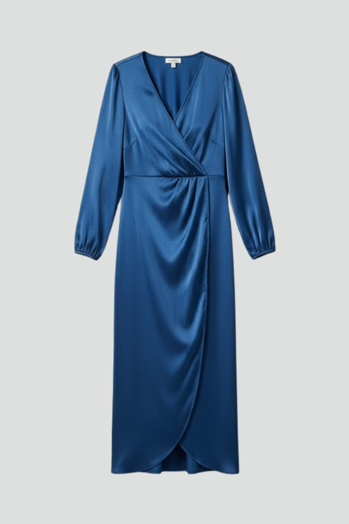 Women’s Wrap Dress with Deep V Neckline and Long Sleeves