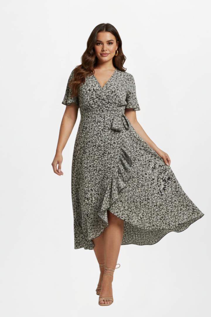 Women’s Wrap Dress with V-Neckline and Short Sleeves
