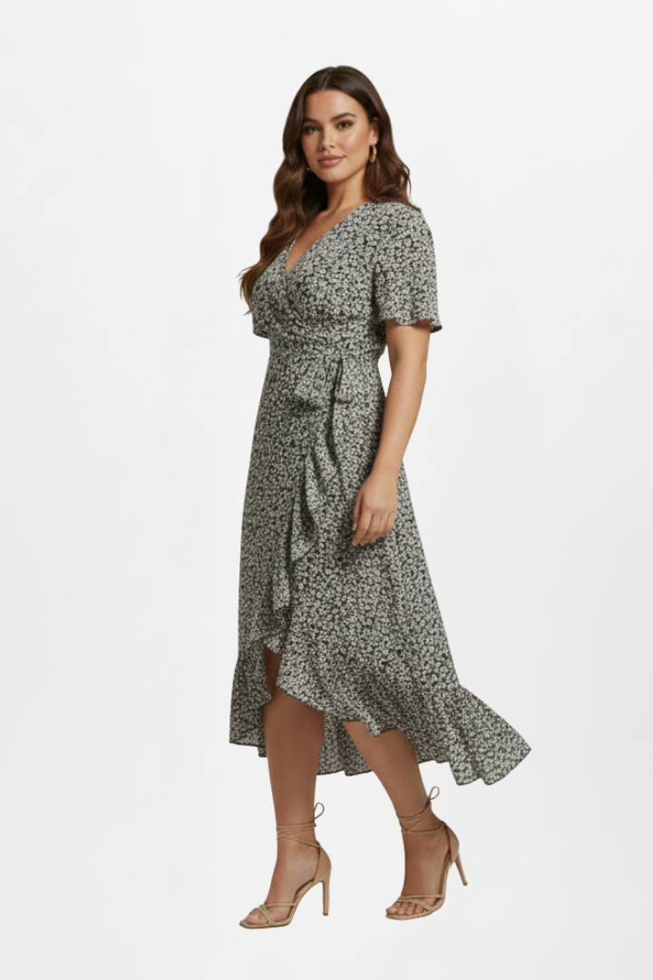 Women’s Wrap Dress with V-Neckline and Short Sleeves