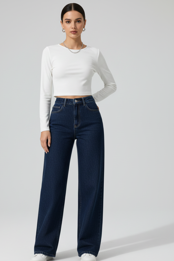 Women’s Wide-Leg Pants with High Waist and Button Closure