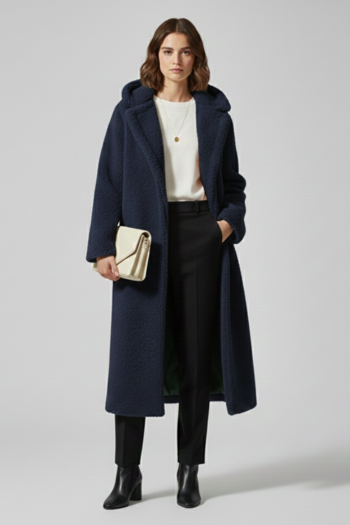 Women’s long coat with hood and textured surface