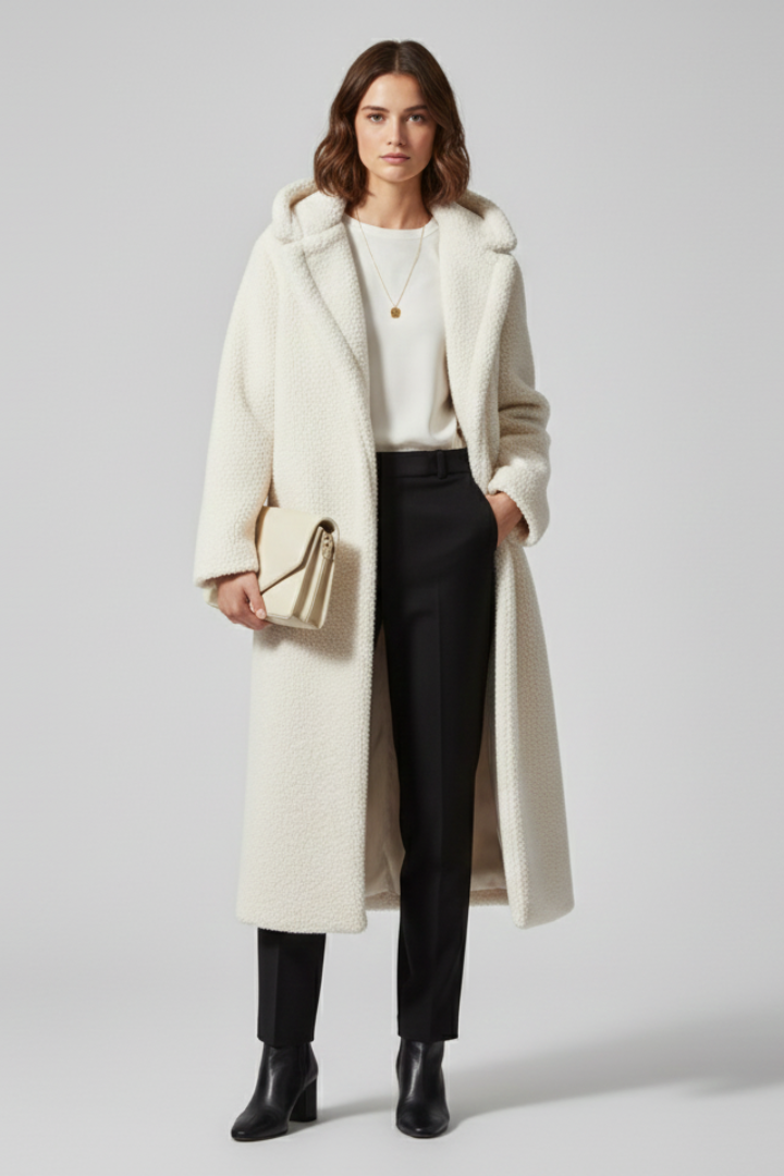 Women’s long coat with hood and textured surface