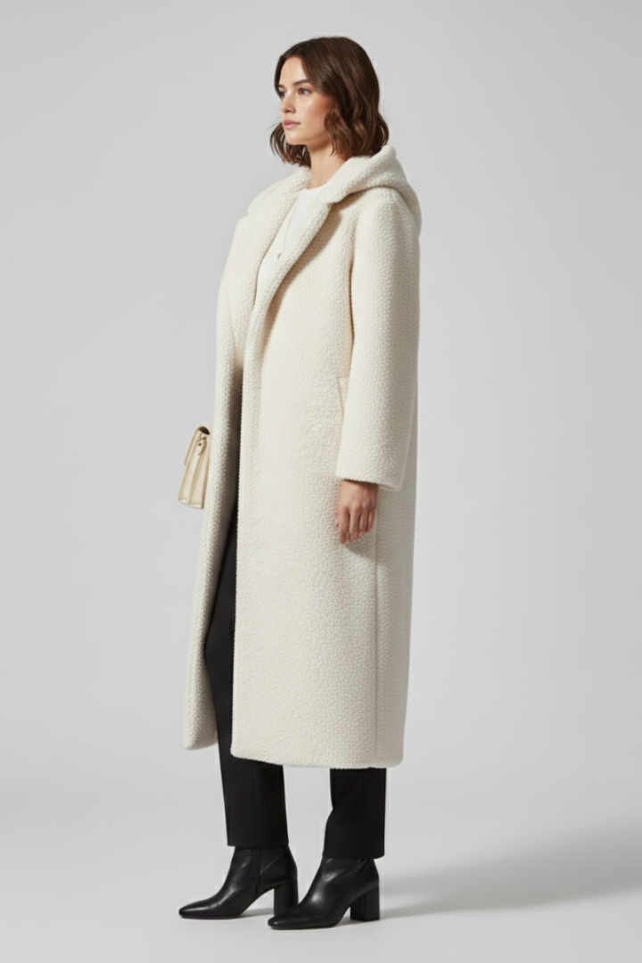 Women’s long coat with hood and textured surface