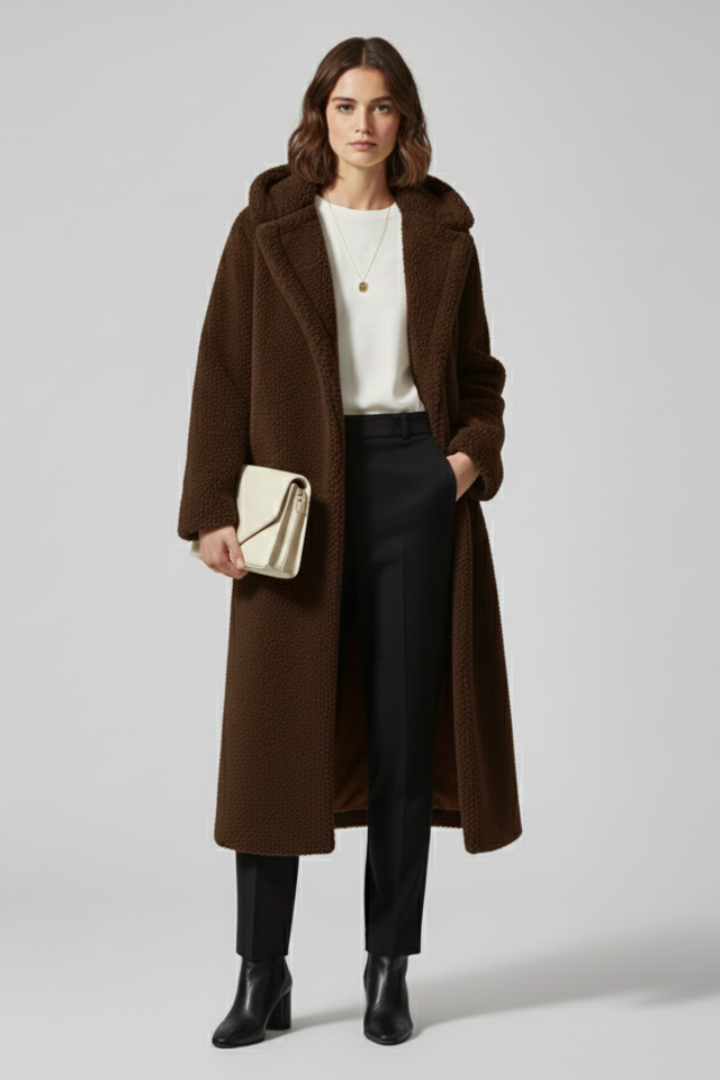 Women’s long coat with hood and textured surface
