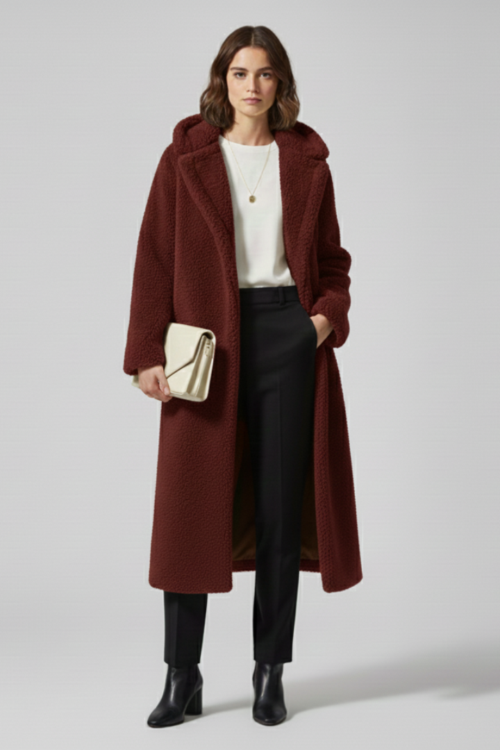 Women’s long coat with hood and textured surface
