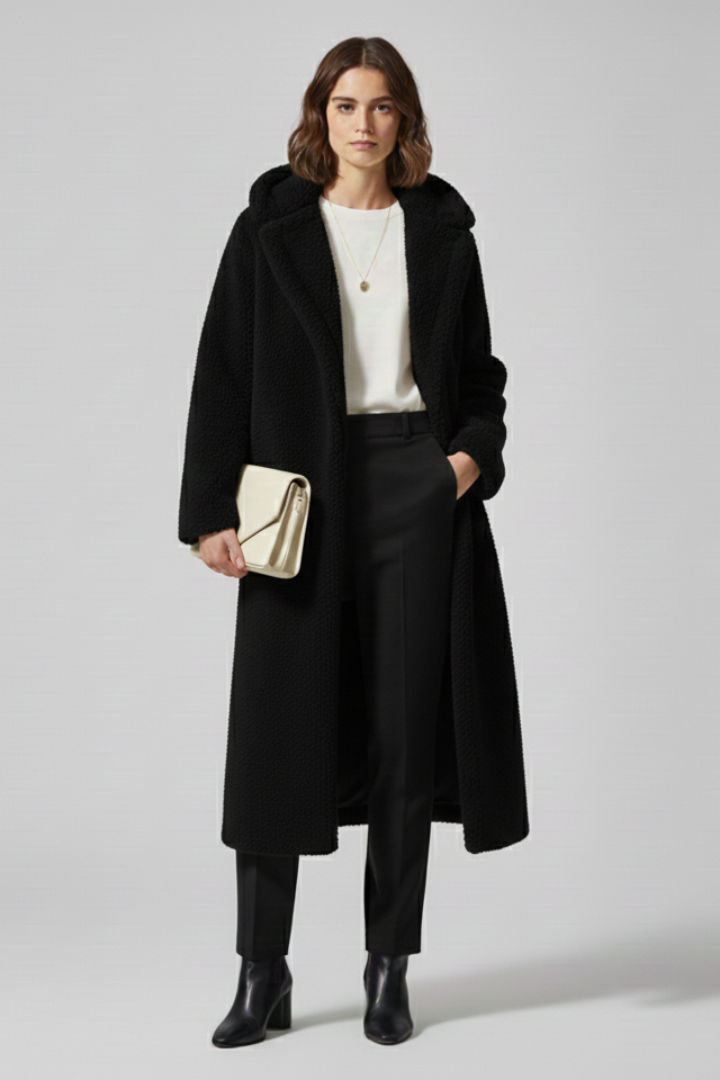 Women’s long coat with hood and textured surface