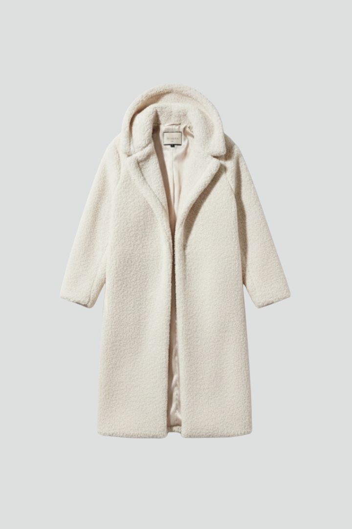 Women’s long coat with hood and textured surface