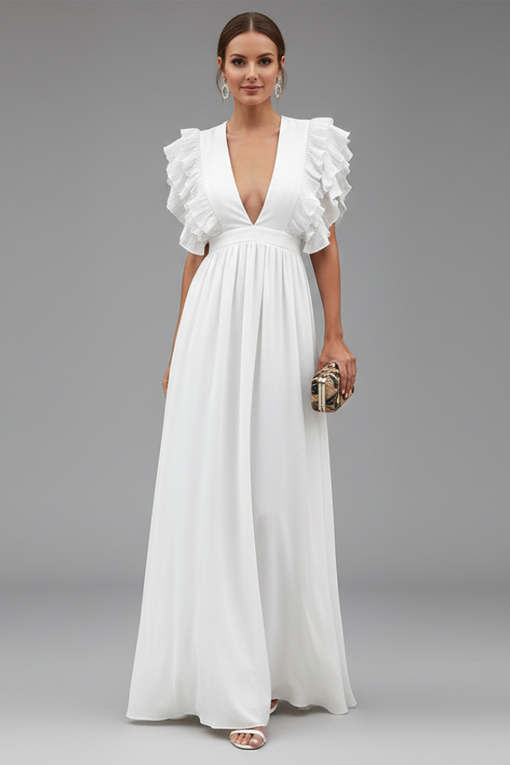 Women’s long dress with V-neck and ruffled sleeves