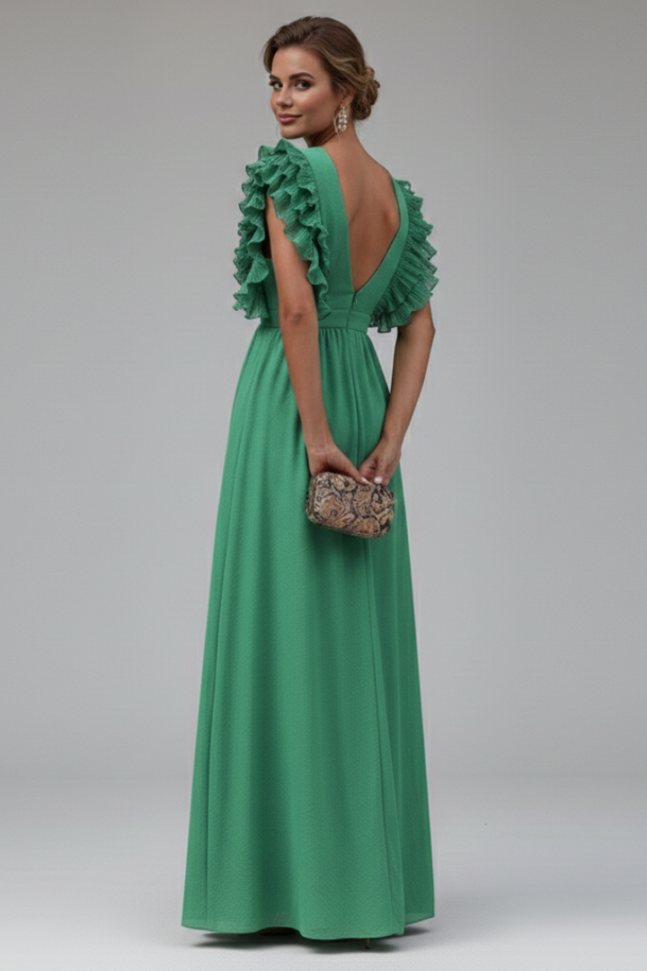 Women’s long dress with V-neck and ruffled sleeves