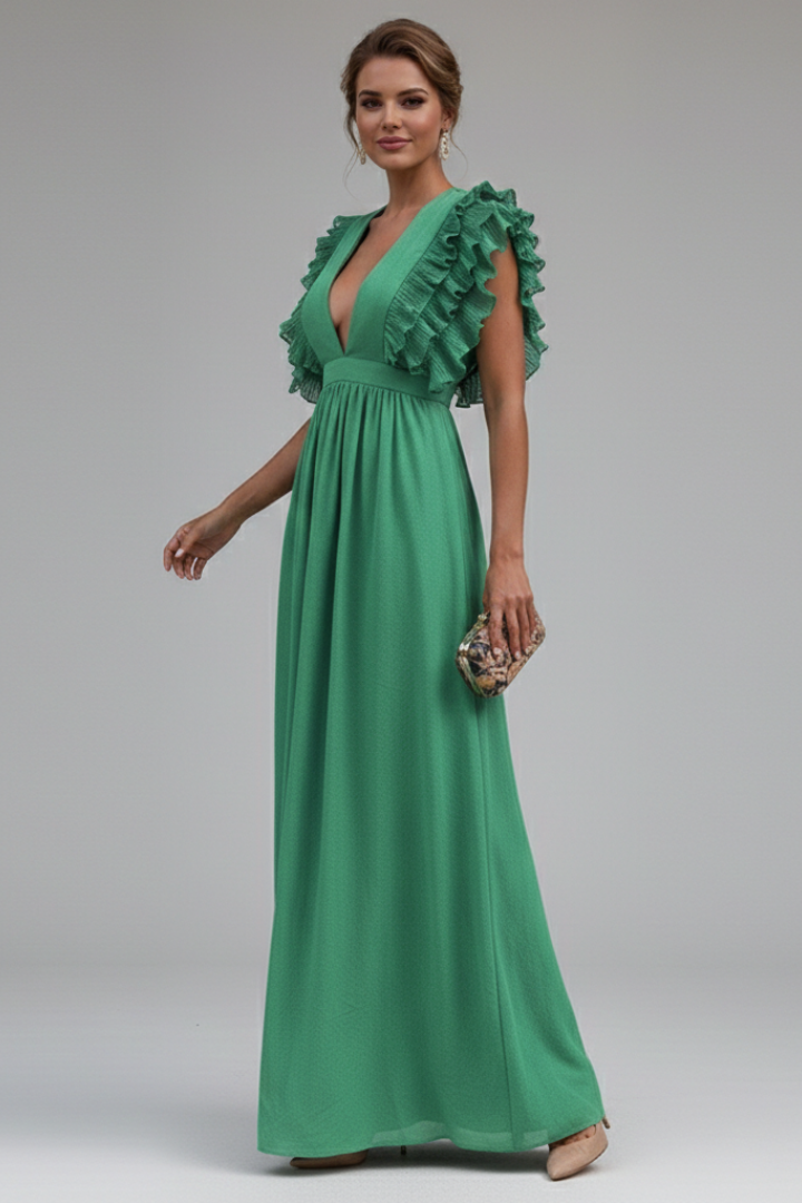 Women’s long dress with V-neck and ruffled sleeves