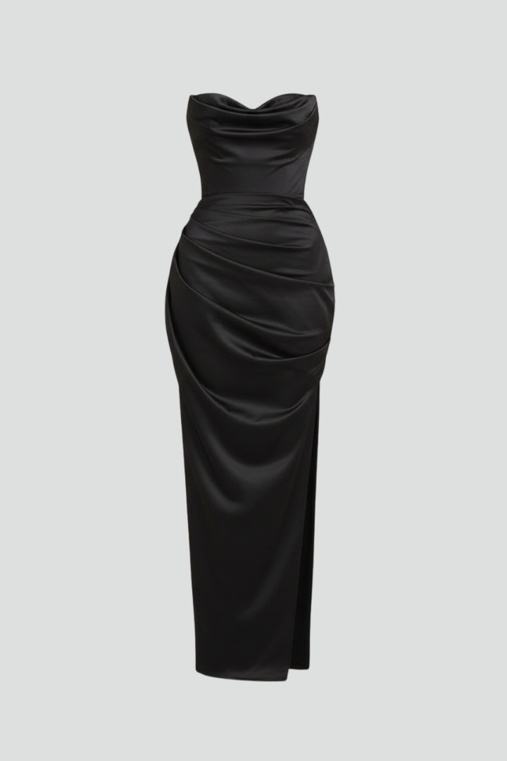 Women’s long dress with strapless neckline and side slit