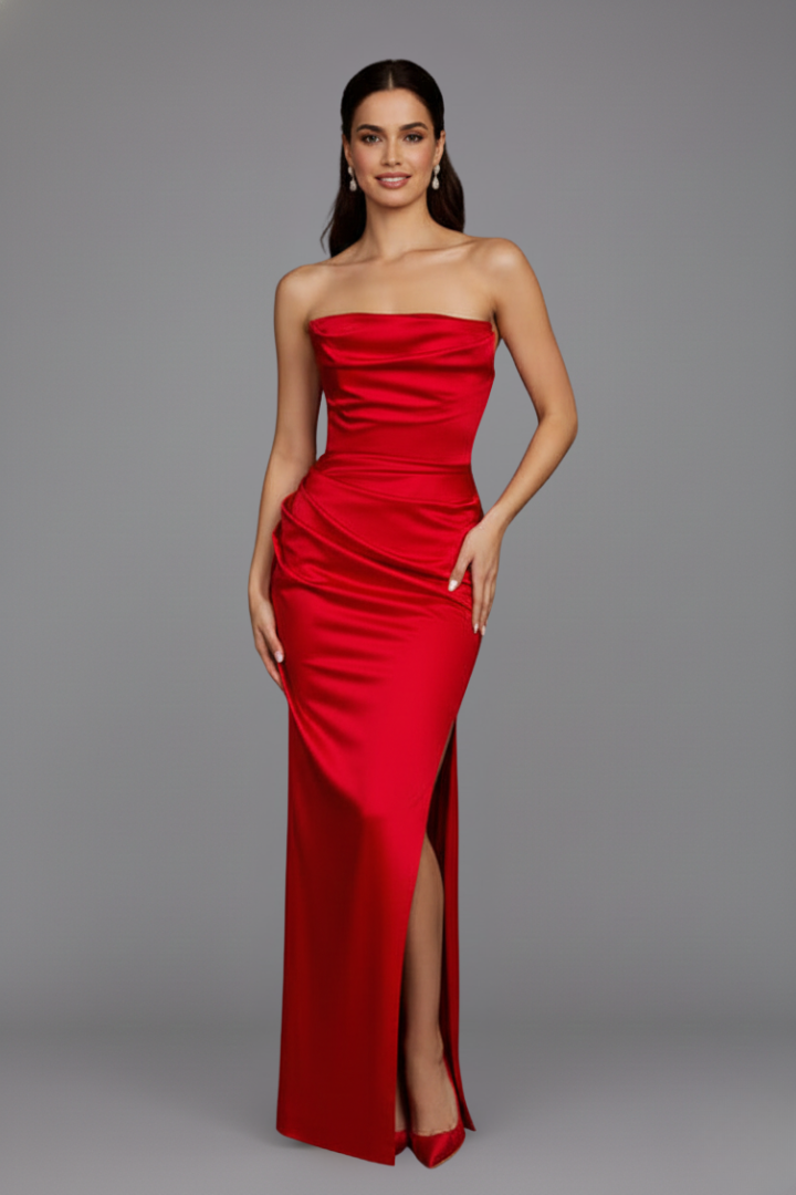 Women’s long dress with strapless neckline and side slit