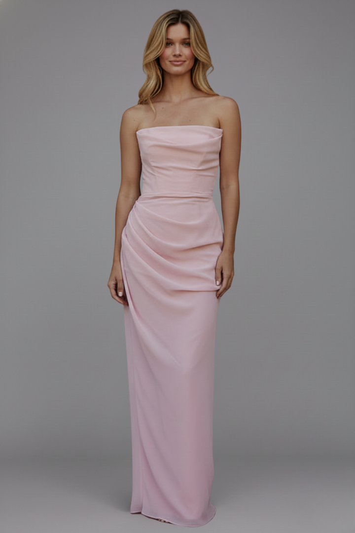 Women’s long dress with strapless neckline and side slit