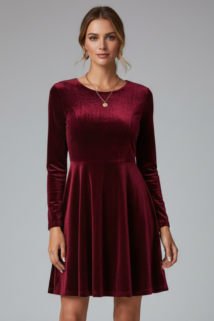 Women’s mini dress with round neckline and long sleeves