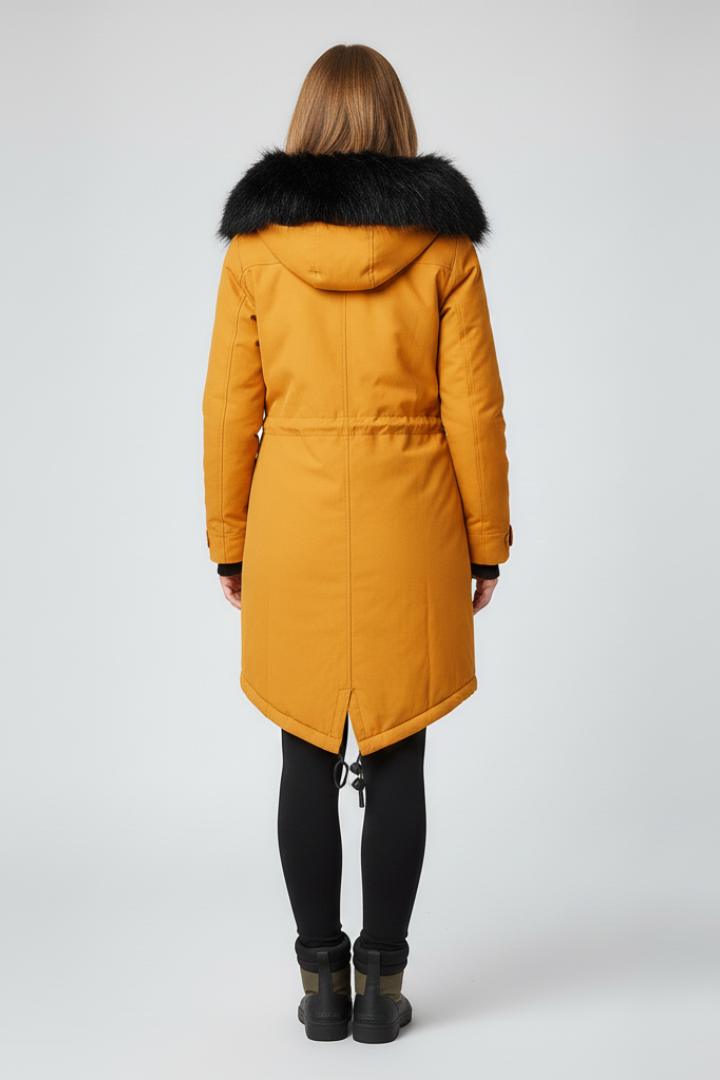 Women’s parka coat with hood and exterior designed for outdoor use