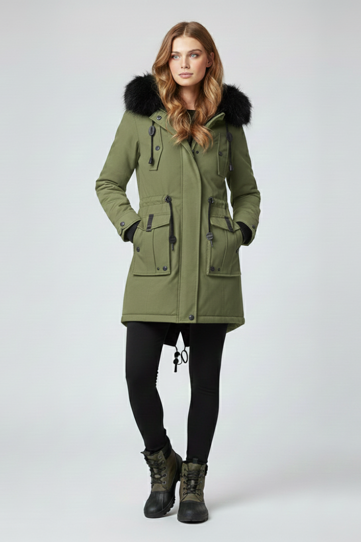 Women’s parka coat with hood and exterior designed for outdoor use