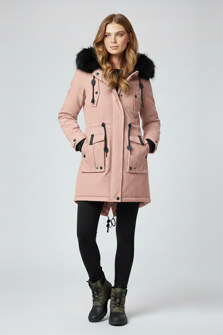 Women’s parka coat with hood and exterior designed for outdoor use