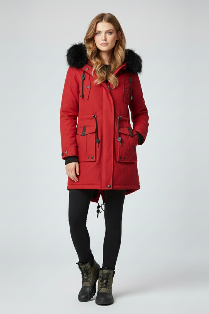 Women’s parka coat with hood and exterior designed for outdoor use