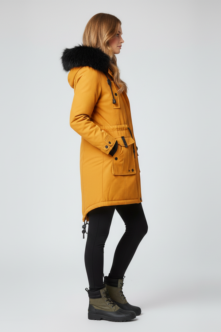 Women’s parka coat with hood and exterior designed for outdoor use