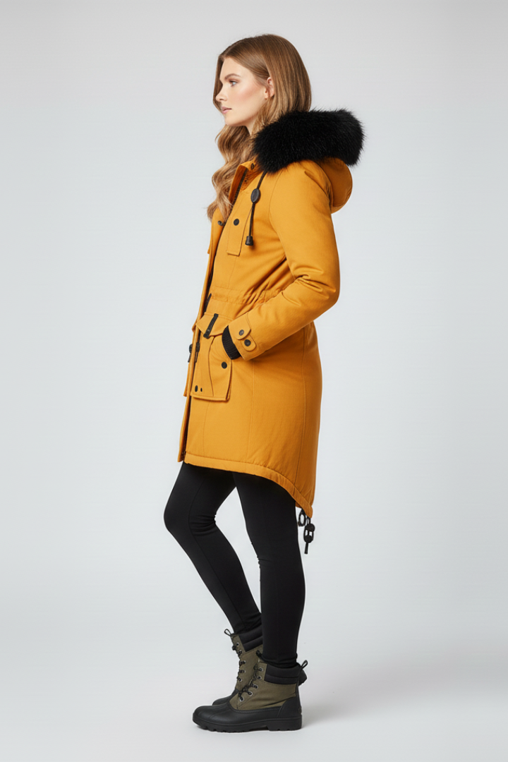 Women’s parka coat with hood and exterior designed for outdoor use