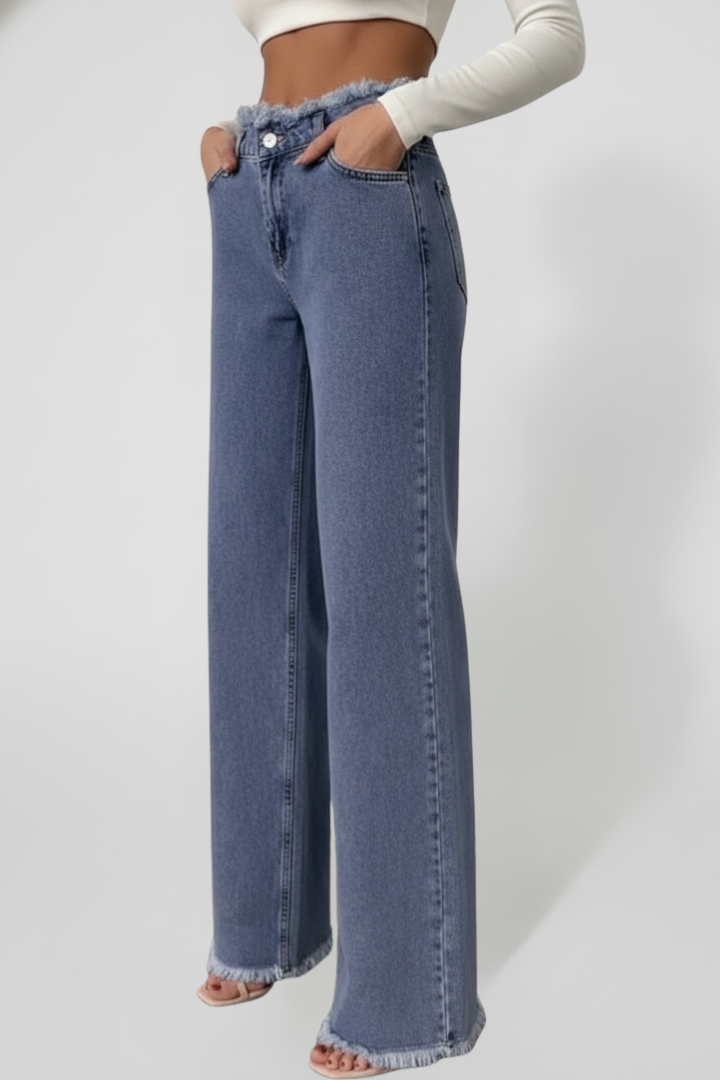 Women’s Wide-Leg Trousers with Raw Hem and Woven Surface