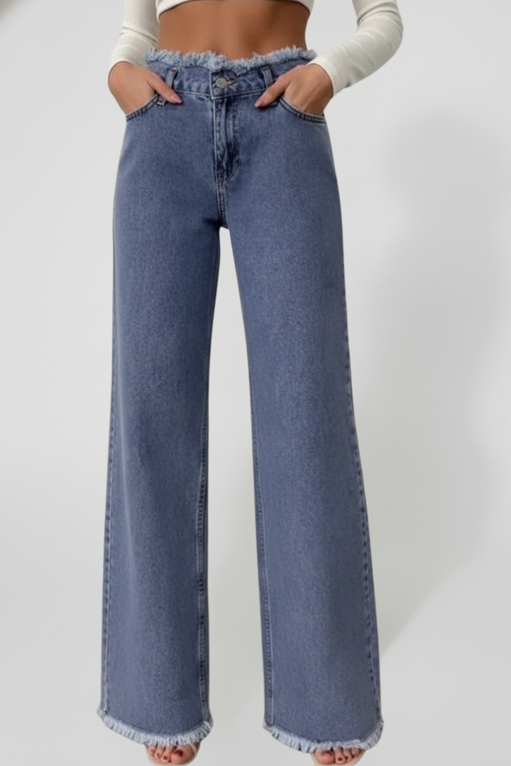 Women’s Wide-Leg Trousers with Raw Hem and Woven Surface
