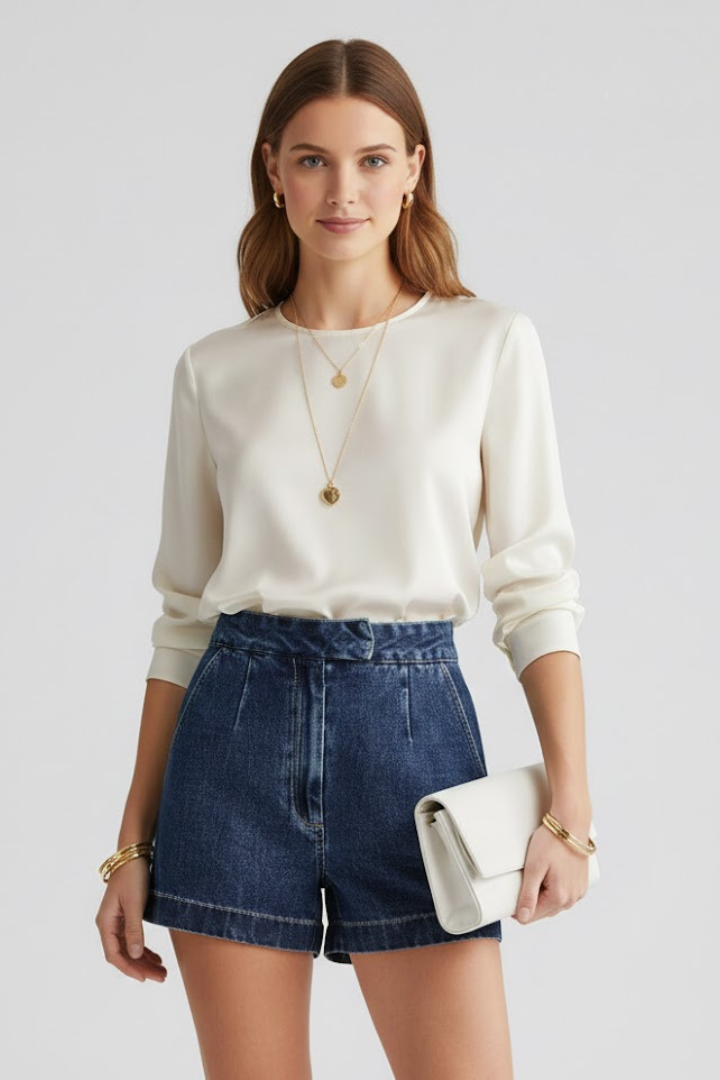 High-Waisted Denim Shorts with Rolled Hem For Women