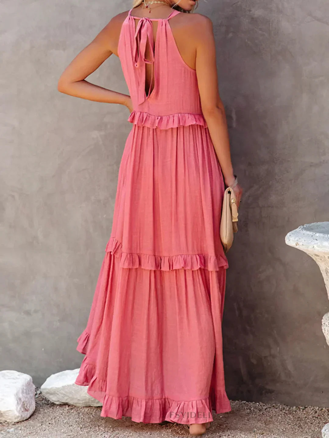 Charlize™ - Sunshine Breeze Halter Ruffle Maxi Dress met Zakken