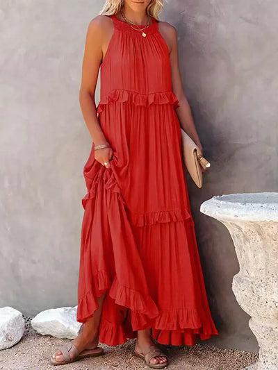 Charlize™ - Sunshine Breeze Halter Ruffle Maxi Dress met Zakken