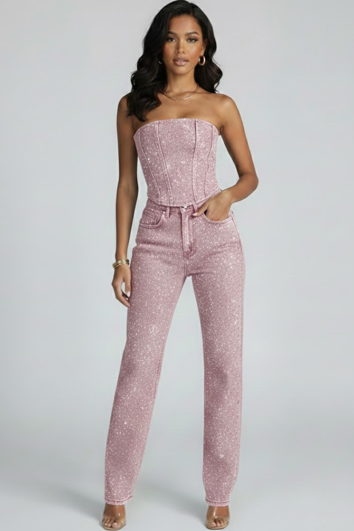 Women’s Strapless Top with High-Waisted Trousers Set